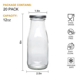 12 oz Glass Bottles, Clear Glass Milk Bottles with Silver Metal Airtight Lids, Vintage Breakfast Shake Clear Container, Vintage Drinking Bottles with Whiteboard Labels and Pen for Party,Kids,Set of 20