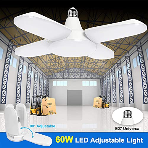 Tycolit LED Super bright 60W transformable ceiling light fixture with 4 adjustable panels Folding Garage Light white E26/E27 holder Suitable for garages, workshops, basements balconies Recyclable