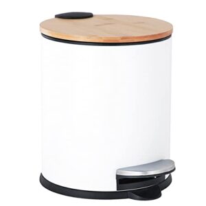 sidianban small bathroom trash can with bamboo lid soft close and foot pedal, 1.3gal/5l round garbage can with removable inner wastebasket for bedroom, powder room, craft room, office, kitchen, white