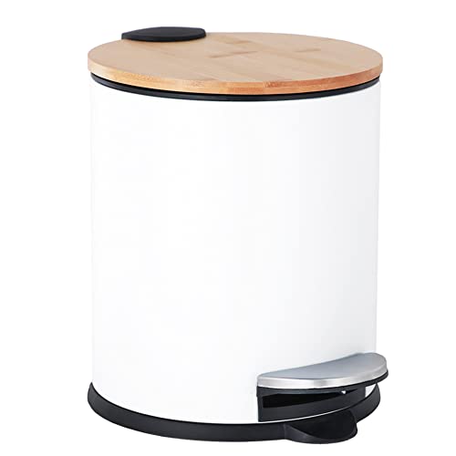 SIDIANBAN Small Bathroom Trash Can with Bamboo Lid Soft Close and Foot Pedal, 1.3Gal/5L Round Garbage Can with Removable Inner Wastebasket for Bedroom, Powder Room, Craft Room, Office, Kitchen, White