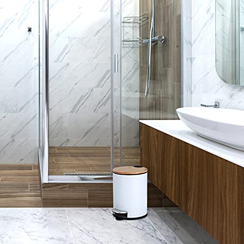 SIDIANBAN Small Bathroom Trash Can with Bamboo Lid Soft Close and Foot Pedal, 1.3Gal/5L Round Garbage Can with Removable Inner Wastebasket for Bedroom, Powder Room, Craft Room, Office, Kitchen, White