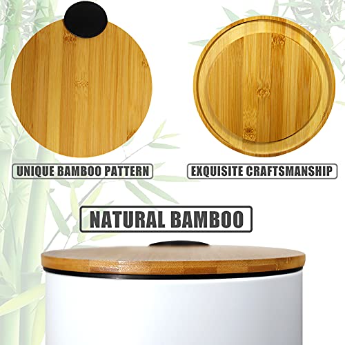 SIDIANBAN Small Bathroom Trash Can with Bamboo Lid Soft Close and Foot Pedal, 1.3Gal/5L Round Garbage Can with Removable Inner Wastebasket for Bedroom, Powder Room, Craft Room, Office, Kitchen, White