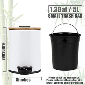 SIDIANBAN Small Bathroom Trash Can with Bamboo Lid Soft Close and Foot Pedal, 1.3Gal/5L Round Garbage Can with Removable Inner Wastebasket for Bedroom, Powder Room, Craft Room, Office, Kitchen, White