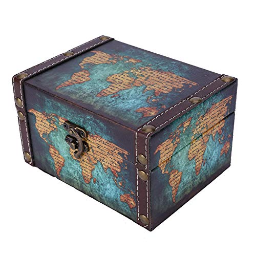 Wood Box Vintage Metal Antique Buckle Desktop Ornaments Jewelry Treasure Chest Christmas Gift Mother's Day for Mum Earrings(2208A 06 Green Map, blue)