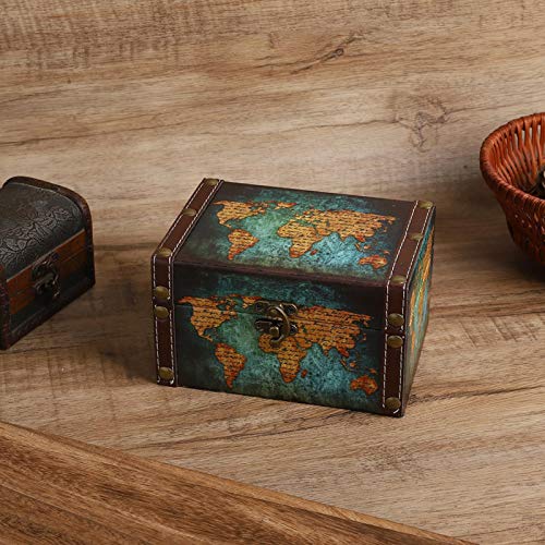 Wood Box Vintage Metal Antique Buckle Desktop Ornaments Jewelry Treasure Chest Christmas Gift Mother's Day for Mum Earrings(2208A 06 Green Map, blue)