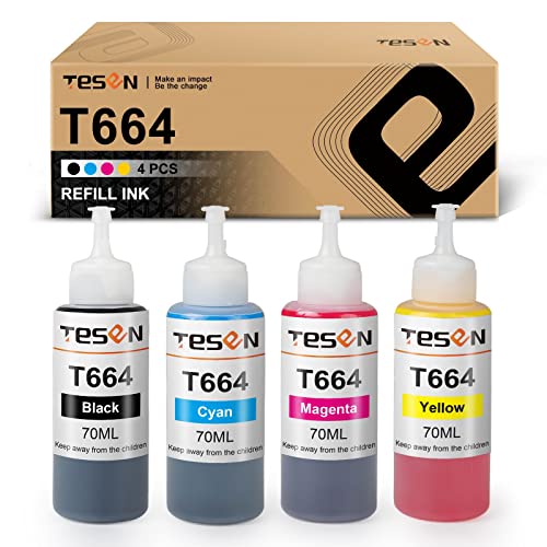 TESEN Compatible 664 XL Refill Ink Bottle Replacement for Epson 664 XL T664 for Use with Epson EcoTank ET-2500 ET-2550 Workfoce ET-4500 L485 L350 Printer T664120 T664220 T664320 T664420 4-Pack Color