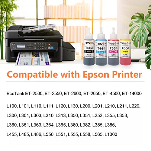 TESEN Compatible 664 XL Refill Ink Bottle Replacement for Epson 664 XL T664 for Use with Epson EcoTank ET-2500 ET-2550 Workfoce ET-4500 L485 L350 Printer T664120 T664220 T664320 T664420 4-Pack Color