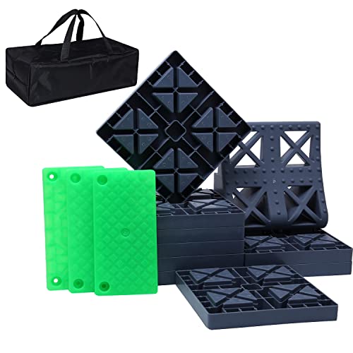 GarfatolRv Rv Leveling Blocks,Trailer Leveling Blocks for Heavy Duty Include Camper Leveling Blocks 9 Packs,One Top Wheels Chock and Green Ramp 3 Packs with Bag -Grey