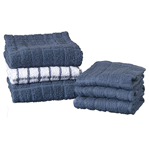 Ritz Premium Kitchen Towel and Dish Cloth Value Set (6-Pack), Highly Absorbent, Super Soft, Long-Lasting, 100% Cotton Checked and Solid Hand Towels, Tea Towels, Bar Towels, Federal Blue