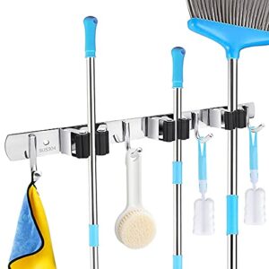 mop and broom holder wall mount heavy duty stainless steel tool hanger, with 3 racks 4 hooks storage organizer for home, kitchen, garage, garden, laundry room, bathroom