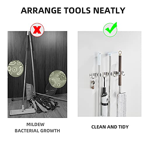 Mop and Broom Holder Wall Mount Heavy Duty Stainless Steel Tool Hanger, With 3 Racks 4 Hooks Storage Organizer for Home, Kitchen, Garage, Garden, Laundry Room, Bathroom