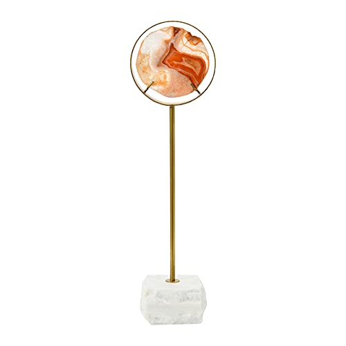 Main + Mesa Decorative Agate Slice Accent on Metal and Marble Stand, Marbled Orange