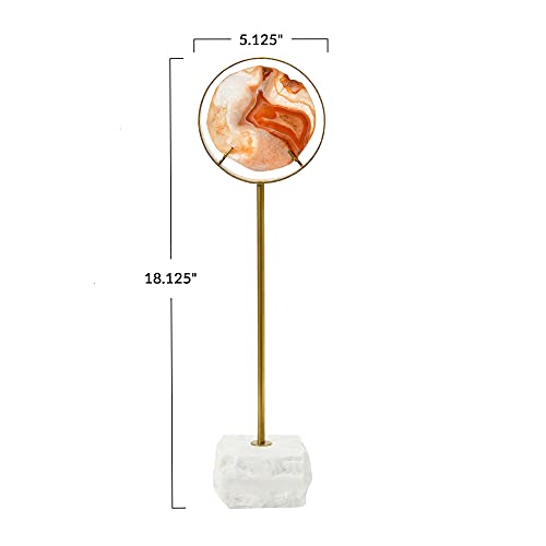 Main + Mesa Decorative Agate Slice Accent on Metal and Marble Stand, Marbled Orange