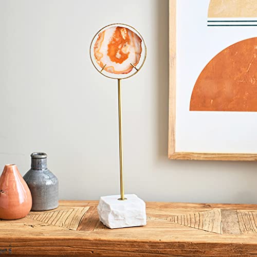 Main + Mesa Decorative Agate Slice Accent on Metal and Marble Stand, Marbled Orange