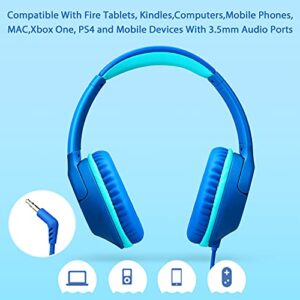 POWMEE P20 Kids Headphones Over-Ear Headphones for Kids/Teens/Boys/Girls/School with 94dB Volume Limited Adjustable Stereo Tangle-Free 3.5MM Jack Wire Cord for Fire Tablets/Travel/PC/Phones(Blue)