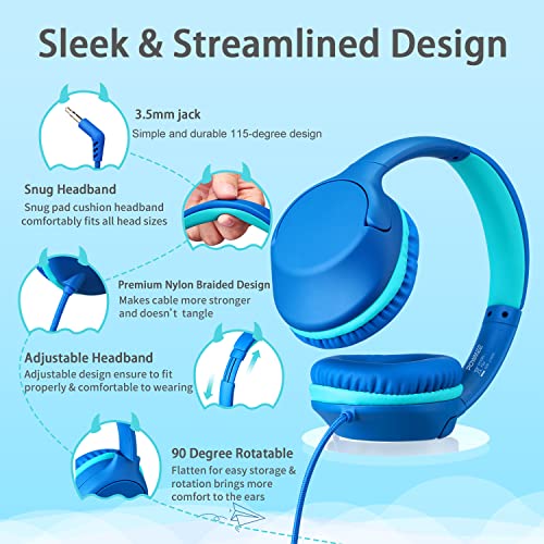 POWMEE P20 Kids Headphones Over-Ear Headphones for Kids/Teens/Boys/Girls/School with 94dB Volume Limited Adjustable Stereo Tangle-Free 3.5MM Jack Wire Cord for Fire Tablets/Travel/PC/Phones(Blue)