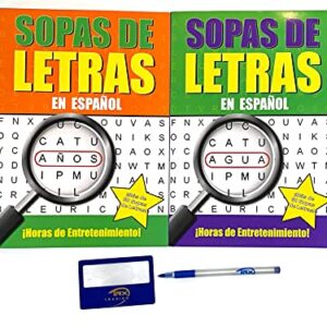 Vision St. Publishing 2 Pack Sopas De Letras Jumbo Spanish Word Search Book, Magnifying Glass, Pen for Easy Reading