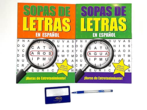 Vision St. Publishing 2 Pack Sopas De Letras Jumbo Spanish Word Search Book, Magnifying Glass, Pen for Easy Reading