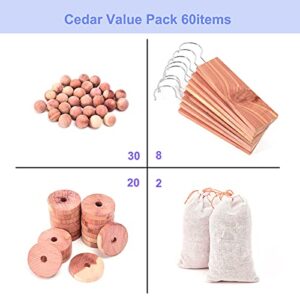 Brite Lightingtech Cedar Blocks for Clothes Storage 60PCs, Red Cedar Hang Ups, Cedar Balls, Cedar Rings and Cedar Sachet Bags for Closets and Drawers