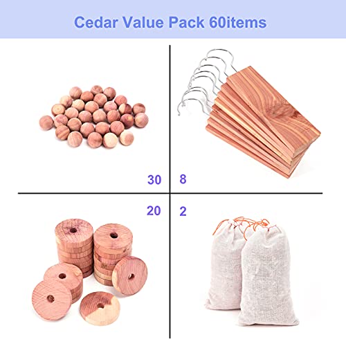 Brite Lightingtech Cedar Blocks for Clothes Storage 60PCs, Red Cedar Hang Ups, Cedar Balls, Cedar Rings and Cedar Sachet Bags for Closets and Drawers