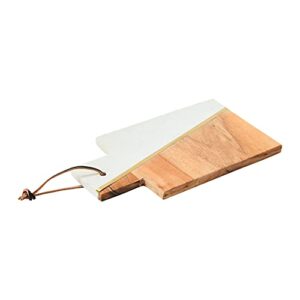 boho 2-tone marble and acacia wood charcuterie or cutting board with brass inlay and leather tie, white and natural