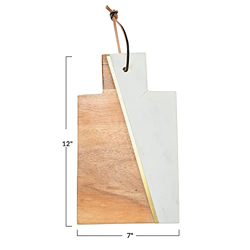 Boho 2-Tone Marble and Acacia Wood Charcuterie or Cutting Board with Brass Inlay and Leather Tie, White and Natural