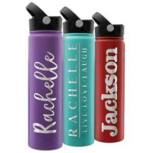 personalized water bottle w straw lid double wall insulated | 24 oz - 16 designs - 9 colors | custom water bottle w name and text, bpa free - non sweat - vacuum insulated