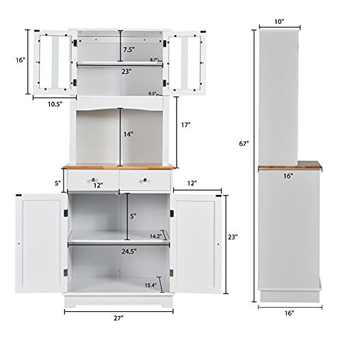 Giantex Kitchen Pantry, 67" Buffet Hutch Cabinet with 2 Storage Cabinets and Drawers, Wood Sideboard Cupboard with Countertop & Cable Hole, Freestanding Microwave Stand with Storage, White