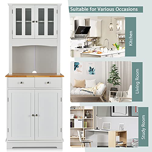 Giantex Kitchen Pantry, 67" Buffet Hutch Cabinet with 2 Storage Cabinets and Drawers, Wood Sideboard Cupboard with Countertop & Cable Hole, Freestanding Microwave Stand with Storage, White