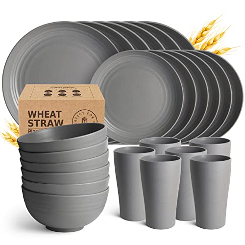 Teivio Kitchen Wheat Straw Dinnerware Set, Dinner Plates, Dessert Plate, Cereal Bowls, Cups, Unbreakable Plastic Outdoor Camping Dishes (Service for 6 (24 piece with flatware), Grey)