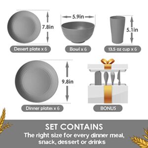 Teivio Kitchen Wheat Straw Dinnerware Set, Dinner Plates, Dessert Plate, Cereal Bowls, Cups, Unbreakable Plastic Outdoor Camping Dishes (Service for 6 (24 piece with flatware), Grey)