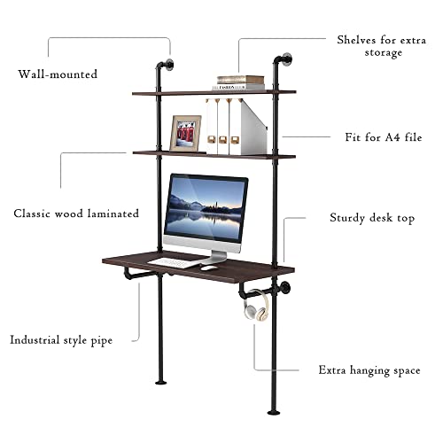 MCleanPin Industrial Computer Desk with Shelves,Ladder Shelf Desk,Wall Mount Desk with Shelf,79inch Home Office Computer Table, 2-Tier Rustic Wall Ladder Desk（W40inch）