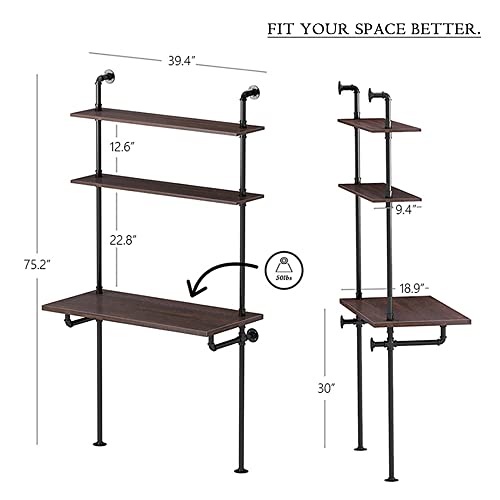 MCleanPin Industrial Computer Desk with Shelves,Ladder Shelf Desk,Wall Mount Desk with Shelf,79inch Home Office Computer Table, 2-Tier Rustic Wall Ladder Desk（W40inch）