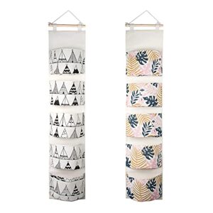 smfanlin 2pcs over the door storage hanging bag, premium linen fabric wall hanging storage organizer with 5 pockets, waterproof hanging shelves pocket for wall bedroom bathroom