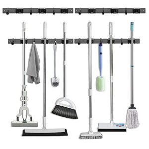 2 pack 16'' broom and mop holder wall mount with movable sliding 3 racks 3 hooks, storage organizer wall hanger, cleaning tool hanging grippers for kitchen bathroom garden garage laundry home closet
