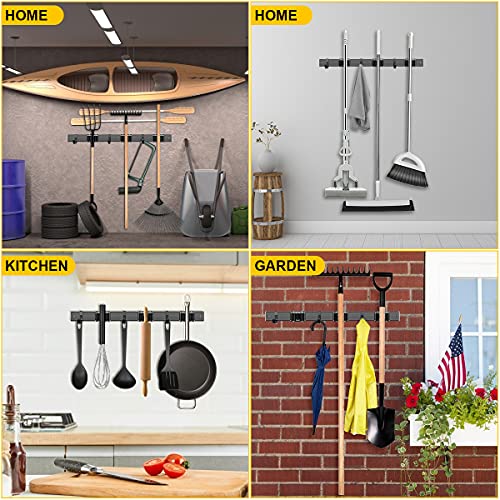 2 Pack 16'' Broom and Mop Holder Wall Mount with Movable Sliding 3 Racks 3 Hooks, Storage Organizer Wall Hanger, Cleaning Tool Hanging Grippers for Kitchen Bathroom Garden Garage Laundry Home Closet