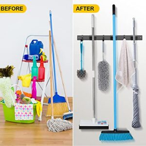 2 Pack 16'' Broom and Mop Holder Wall Mount with Movable Sliding 3 Racks 3 Hooks, Storage Organizer Wall Hanger, Cleaning Tool Hanging Grippers for Kitchen Bathroom Garden Garage Laundry Home Closet