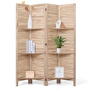 vicluke 4 panels room divider with 3 removable storage shelves, 5.6 ft folding privacy screen, wood portable wall divider for home, office, restaurant(natural)
