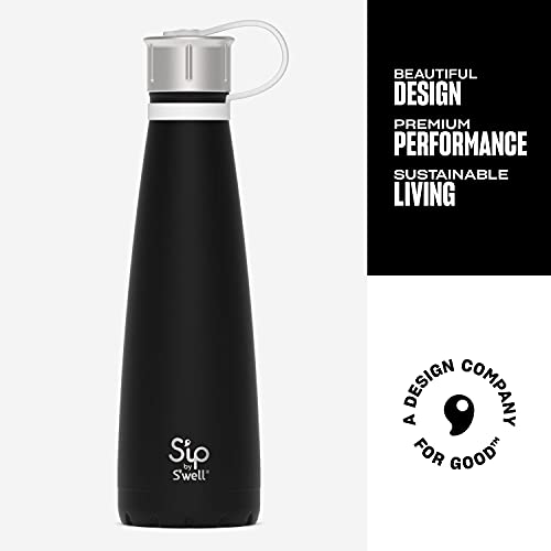 S'ip by S'well Stainless Steel Water Bottle - 15 Oz - Black Chalk - Double-Walled Vacuum-Insulated Keeps Drinks Cold for 24 Hours and Hot for 10 - with No Condensation - BPA-Free