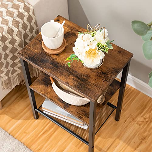 HOOBRO Nightstands Set of 2, 3-Tier Side Table with Adjustable Shelf, Industrial End Table for Small Space in Living Room, Bedroom and Balcony, Stable Metal Frame, Rustic Brown BF12BZ01