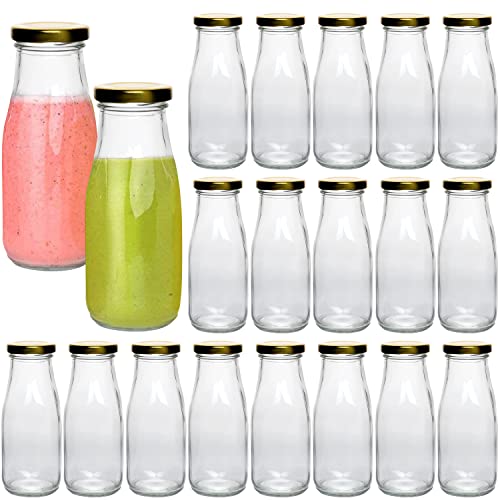 12 oz Glass Bottles, Clear Glass Milk Bottles with Gold Metal Airtight Lids, Vintage Breakfast Shake Clear Container, Vintage Drinking Bottles with Whiteboard Labels and Pen for Party,Kids,Set of 20