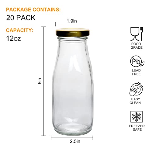 12 oz Glass Bottles, Clear Glass Milk Bottles with Gold Metal Airtight Lids, Vintage Breakfast Shake Clear Container, Vintage Drinking Bottles with Whiteboard Labels and Pen for Party,Kids,Set of 20