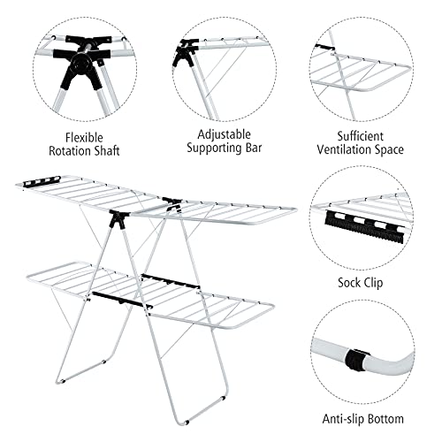 Tangkula Clothes Drying Rack, 2-Level Folding Drying Rack for Indoor Outdoor Use, Foldable Large Drying Hanger w/Height-Adjustable Gullwing, 33 Drying Rails, Sock Clips, Freestanding Laundry Rack