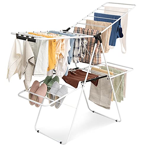 Tangkula Clothes Drying Rack, 2-Level Folding Drying Rack for Indoor Outdoor Use, Foldable Large Drying Hanger w/Height-Adjustable Gullwing, 33 Drying Rails, Sock Clips, Freestanding Laundry Rack