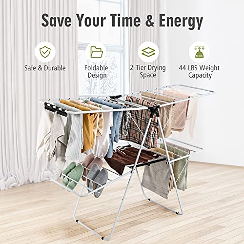 Tangkula Clothes Drying Rack, 2-Level Folding Drying Rack for Indoor Outdoor Use, Foldable Large Drying Hanger w/Height-Adjustable Gullwing, 33 Drying Rails, Sock Clips, Freestanding Laundry Rack