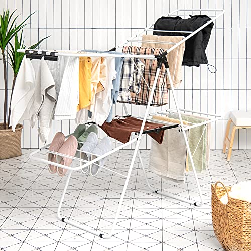 Tangkula Clothes Drying Rack, 2-Level Folding Drying Rack for Indoor Outdoor Use, Foldable Large Drying Hanger w/Height-Adjustable Gullwing, 33 Drying Rails, Sock Clips, Freestanding Laundry Rack