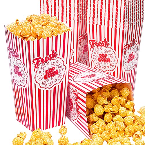 25PCS Popcorn Boxes,46 Oz Striped Popcorn Container,Open-Top Popcorn Boxes Container Holder,Greaseproof Paper Popcorn Box Red and White,Reusable Retro Popcorn Buckets for Movie Carnival Home Theater