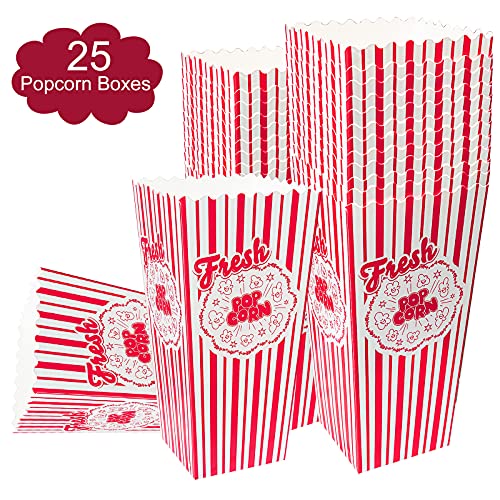 25PCS Popcorn Boxes,46 Oz Striped Popcorn Container,Open-Top Popcorn Boxes Container Holder,Greaseproof Paper Popcorn Box Red and White,Reusable Retro Popcorn Buckets for Movie Carnival Home Theater