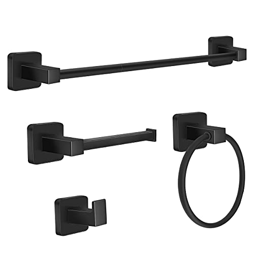 DEGULAS Bathroom Hardware Set 4 Pieces, Matte Black Towel Bar Set , Includes 24In Towel Bar, Towel Ring, Robe Towel Hooks,Toilet Paper Holder, Bathroom Towel Rack Set