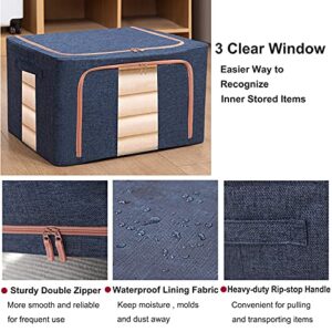 Large Capacity Clothes Storage Organizer - Stackable Storage Bags with Foldable Metal Frame, Zipper, Handles, Clear Window, Storage Container Box for Blanket Sweater Comforter Pillow,100L x 2 Pack (Navy)